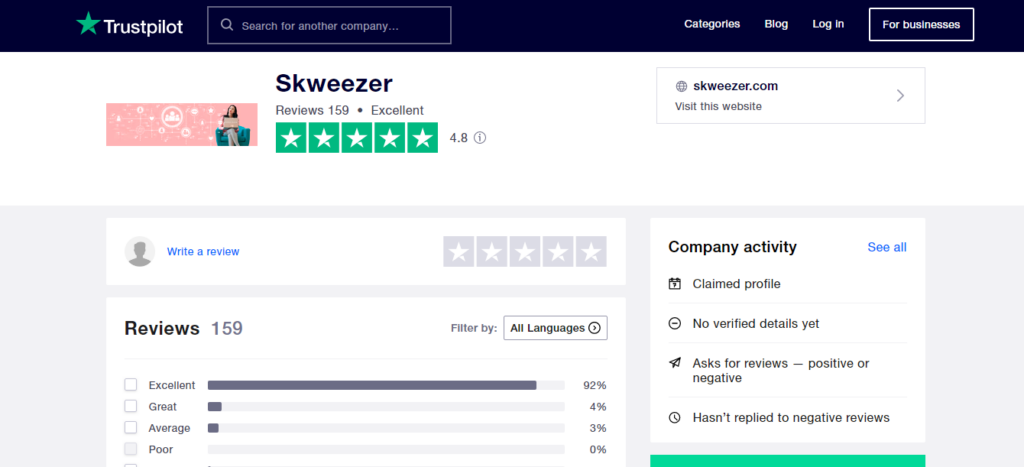 a screenshot of skweezer Trustpilot reviews