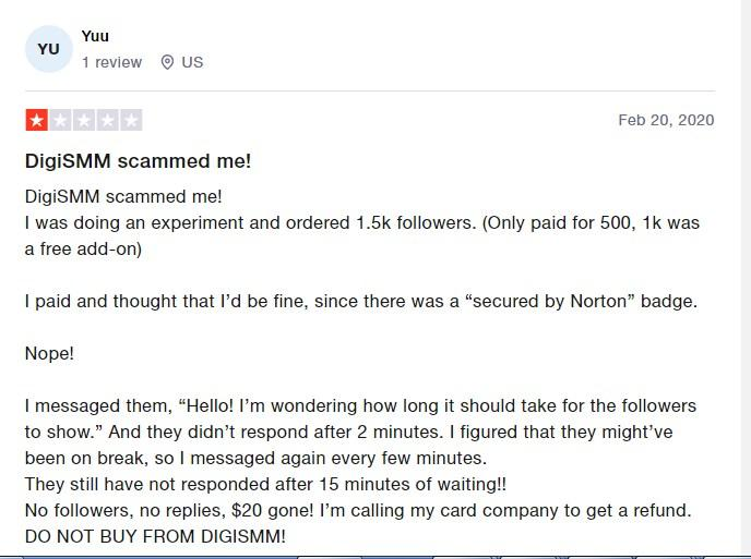 A screen capture of a negative review left on Trustpilot by an angry DigiSMM customer