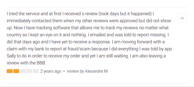 Screenshot of a negative review from appSally customer on smart.review
