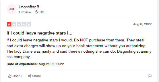 a screenshot of negative review about instafollowers on Trustpilot
