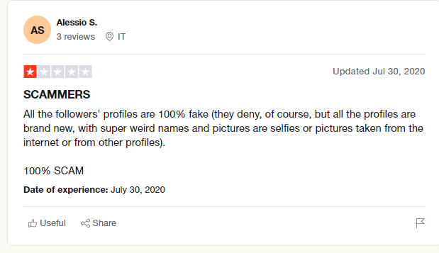 a screenshot of 1 star review left on trustpilot by a customer complaining about the quality of the followers received