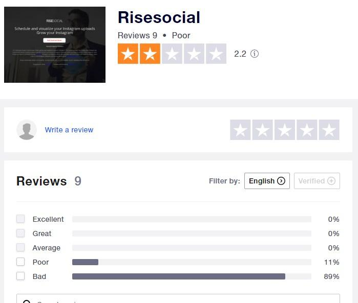 a screenshot of the risesocial Trustpilot page