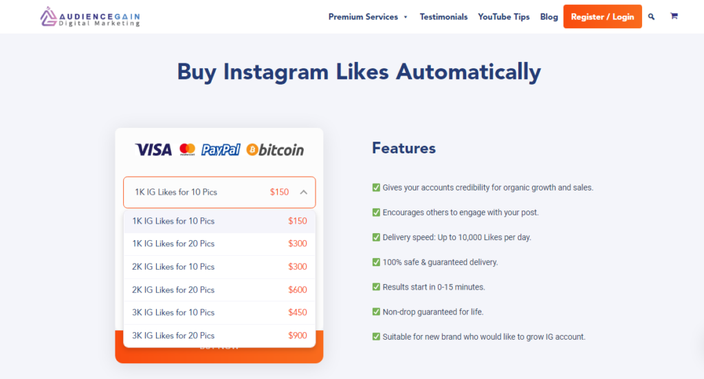 a screenshot of audiencegain automatic instagram likes offers