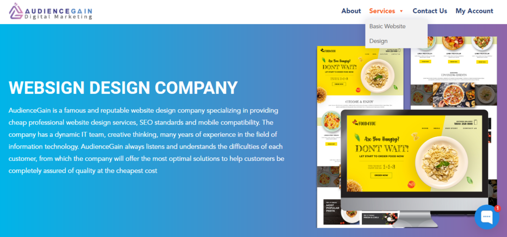 a screenshot of audiencegain web menu featuring web design as their service