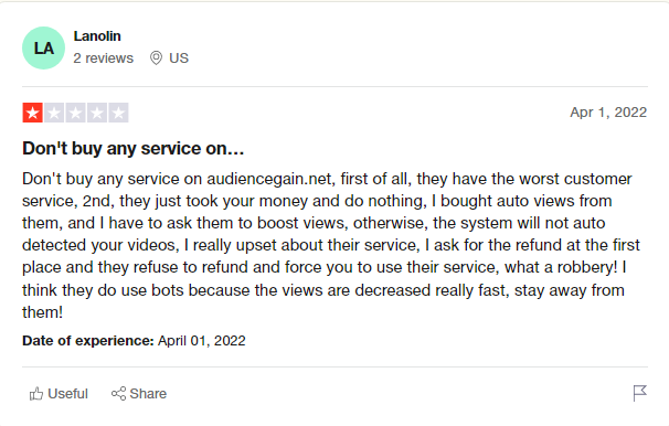 a screenshot taken on audiencegain trustpilot page where an angry customer is venting about their business practice
