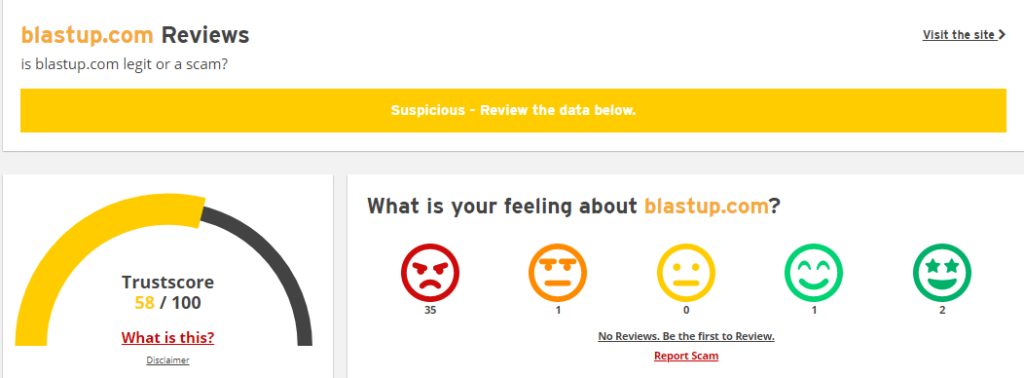 a screenshot that shows blastup poor rating on scamadviser
