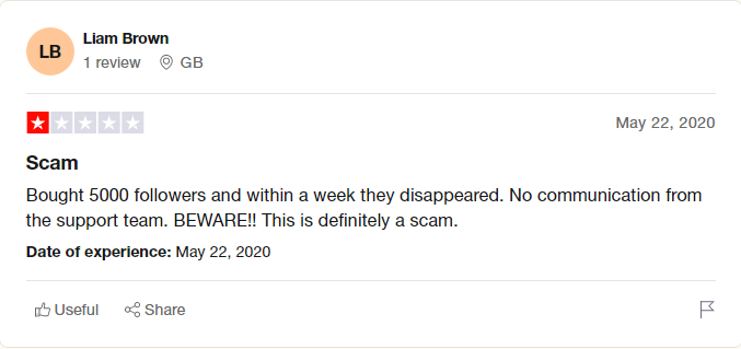 a screenshot from trustpilot website about hypez left by a customer warning people that followers ordered will disappear