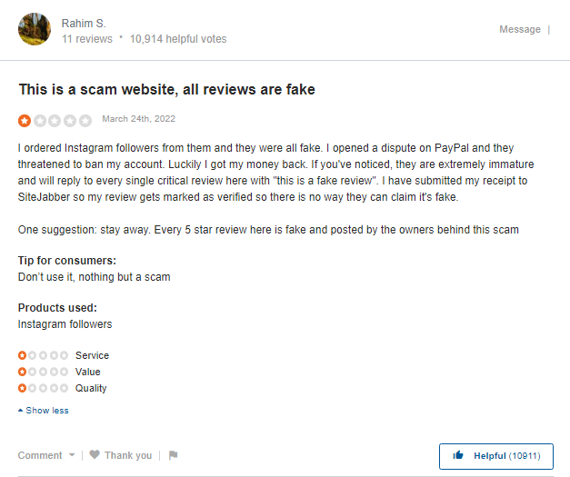 a screenshot exhibiting a bad review about mysocialfollowing on sitejabber website