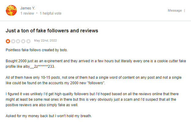 a screenshot where you can see a negative review about mrinsta on sitejabber