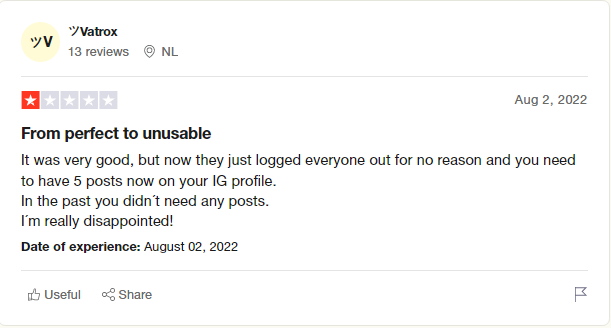 a screenshot where you can see a negative review about mrinsta on trustpilot