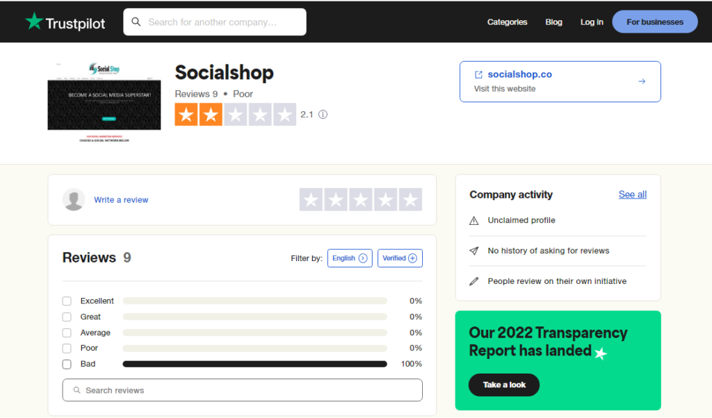 a screenshot taken from trustpilot website about socialshop