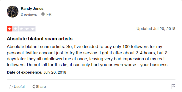 a screenshot left by an angry customer on trustpilot claiming that the quality of the followers were not reliable and dropped fast