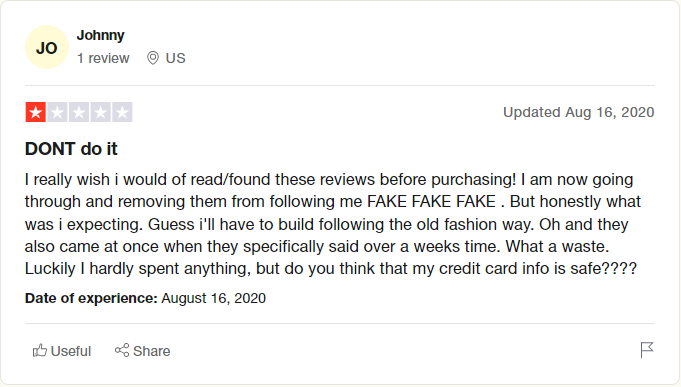 a screenshot showing a review on trustpilot left by a viralrace customer claiming that the followers are fake and regret buying them