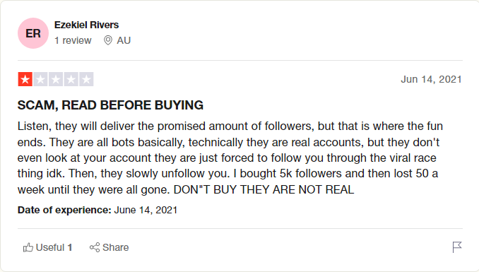 a screenshot showing a review on trustpilot left by a viralrace customer warning users not to buy from their website because the followers are not stable