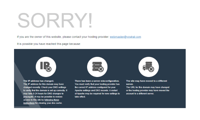 screenshot of yoviral website when trying to visit it. It is showing a sorry message saying the website is not working at the moment